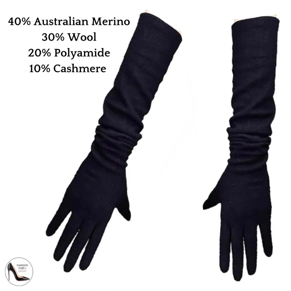 Black Long Cashmere Merino Wool Gloves Luxury Elbow Length Cashmere Gloves Gift